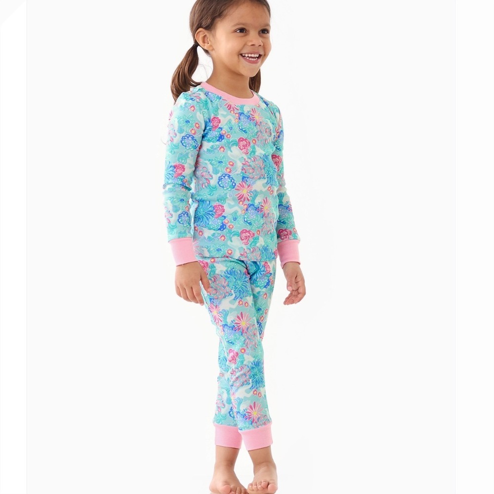 Lilly Pulitzer Pottery Barn Kids Organic Cotton Pajama Set Floral Blue Pink 6